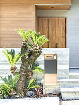 シンプルで機能的な門柱の横にソテツが植えられたファサード。それぞれのエクステリア製品が、木目と打ちっぱなしコンクリートの壁と調和し、がシンプルながらも洗練された印象を生み出している。