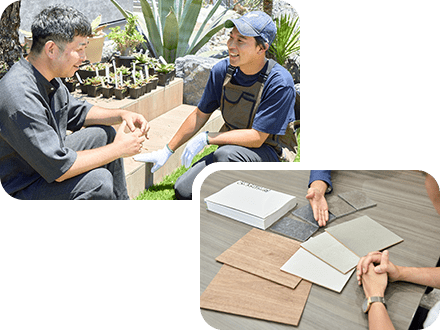 お話しているエデンホーム（福岡県）のスタッフとお客様の写真、外構工事に使用するエクステリア製品・マテリアルについて説明している様子の写真