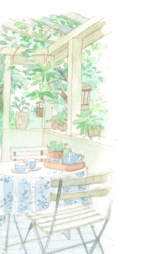 多肉植物の鉢やオシャレなテーブルが置かれた緑豊かな外構・エクステリア・庭のイラスト